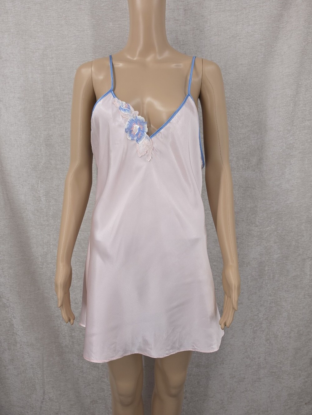 Vintage Pink Satin Mini Length Slip Dress Chemsie Blue Trim Embroidered Floral